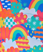 Frugi fun frenzy trail blazing backpack showing a close up of the repeating multicoloured abstract cloud design. 