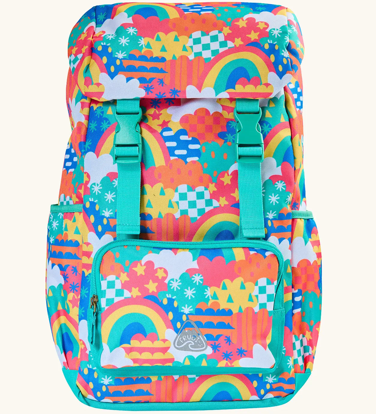 Frugi fun frenzy trail blazing backpack. A flip lid style backpack with a repeating multicoloured abstract cloud design with a small front compartment and 2 side pockets