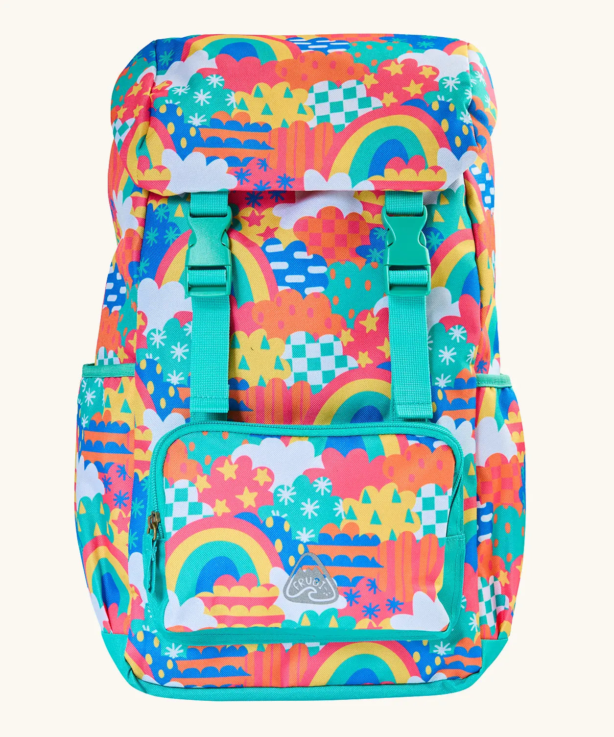 Frugi fun frenzy trail blazing backpack. A flip lid style backpack with a repeating multicoloured abstract cloud design with a small front compartment and 2 side pockets