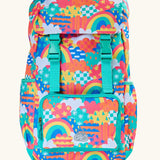 Frugi fun frenzy trail blazing backpack. A flip lid style backpack with a repeating multicoloured abstract cloud design with a small front compartment and 2 side pockets