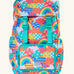 Frugi fun frenzy trail blazing backpack. A flip lid style backpack with a repeating multicoloured abstract cloud design with a small front compartment and 2 side pockets
