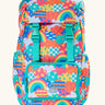 Frugi fun frenzy trail blazing backpack. A flip lid style backpack with a repeating multicoloured abstract cloud design with a small front compartment and 2 side pockets
