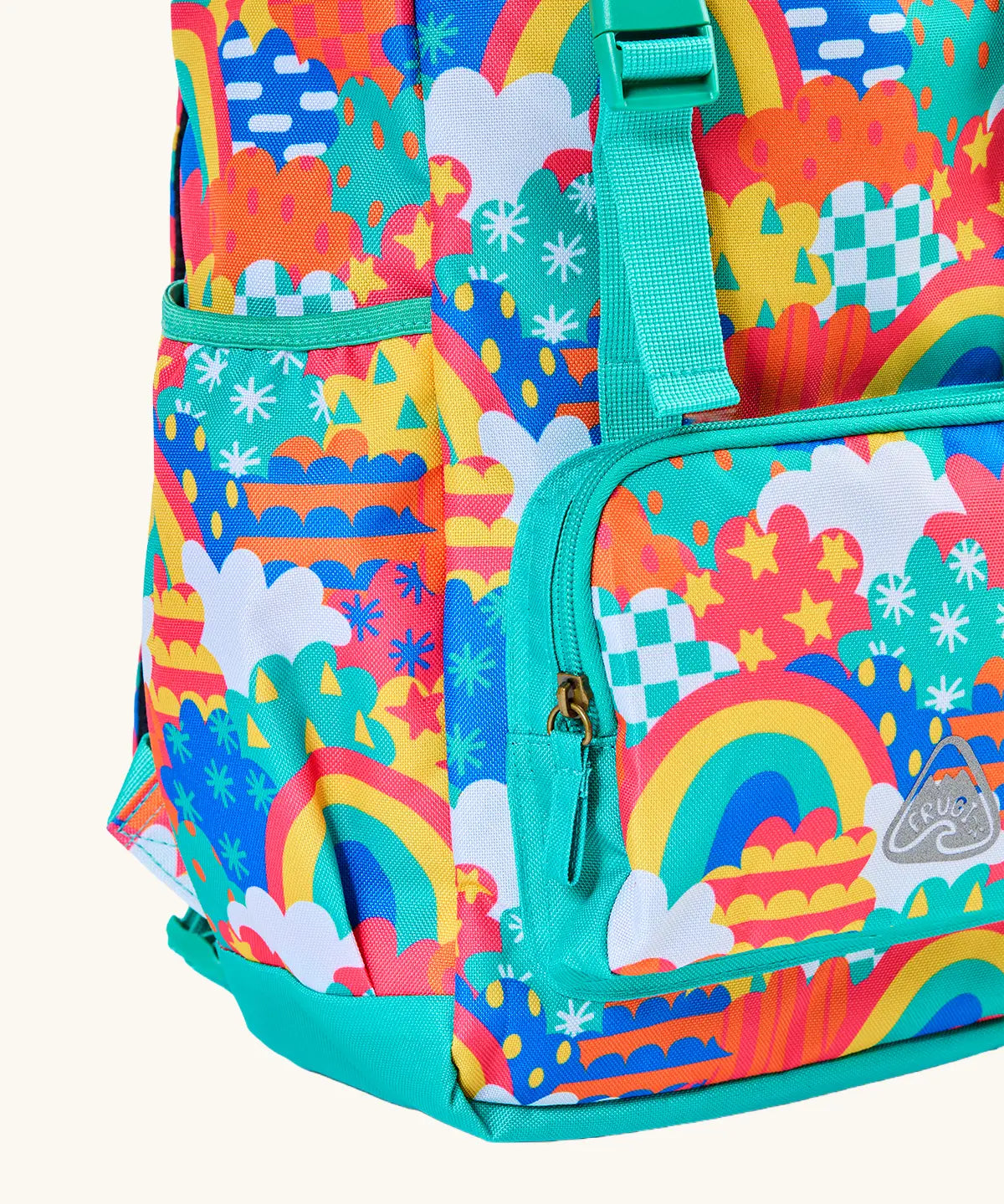 Frugi fun frenzy trail blazing backpack. showing close up of the small front compartment, and side pocket for a water bottle