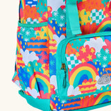 Frugi fun frenzy trail blazing backpack. showing close up of the small front compartment, and side pocket for a water bottle