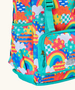 Frugi fun frenzy trail blazing backpack. showing close up of the small front compartment, and side pocket for a water bottle