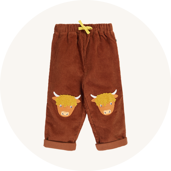 Frugi Arlo Organic Cotton brown Corduroy Trousers with Highland Cow knee appliques to represent Frugi shorts and trousers at Babipur.