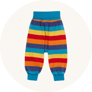 Frugi Parsnip Pants in Chunky Rainbow Stripem to represent Frugi baby and children trousers and shorts for sale at Babipur.
