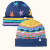 Frugi GOTS organic cotton voyager reversible hat. A navy hat with a winter fairisle and star design with striped brim. 