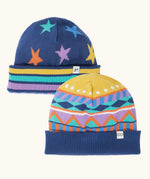 Frugi GOTS organic cotton voyager reversible hat. A navy hat with a winter fairisle and star design with striped brim. 