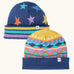 Frugi GOTS organic cotton voyager reversible hat. A navy hat with a winter fairisle and star design with striped brim. 