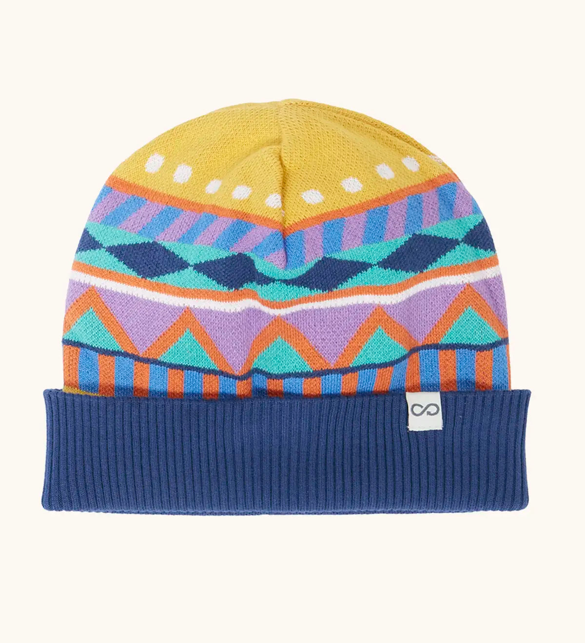 Frugi GOTS organic cotton voyager reversible hat showing the winter fairisle design
