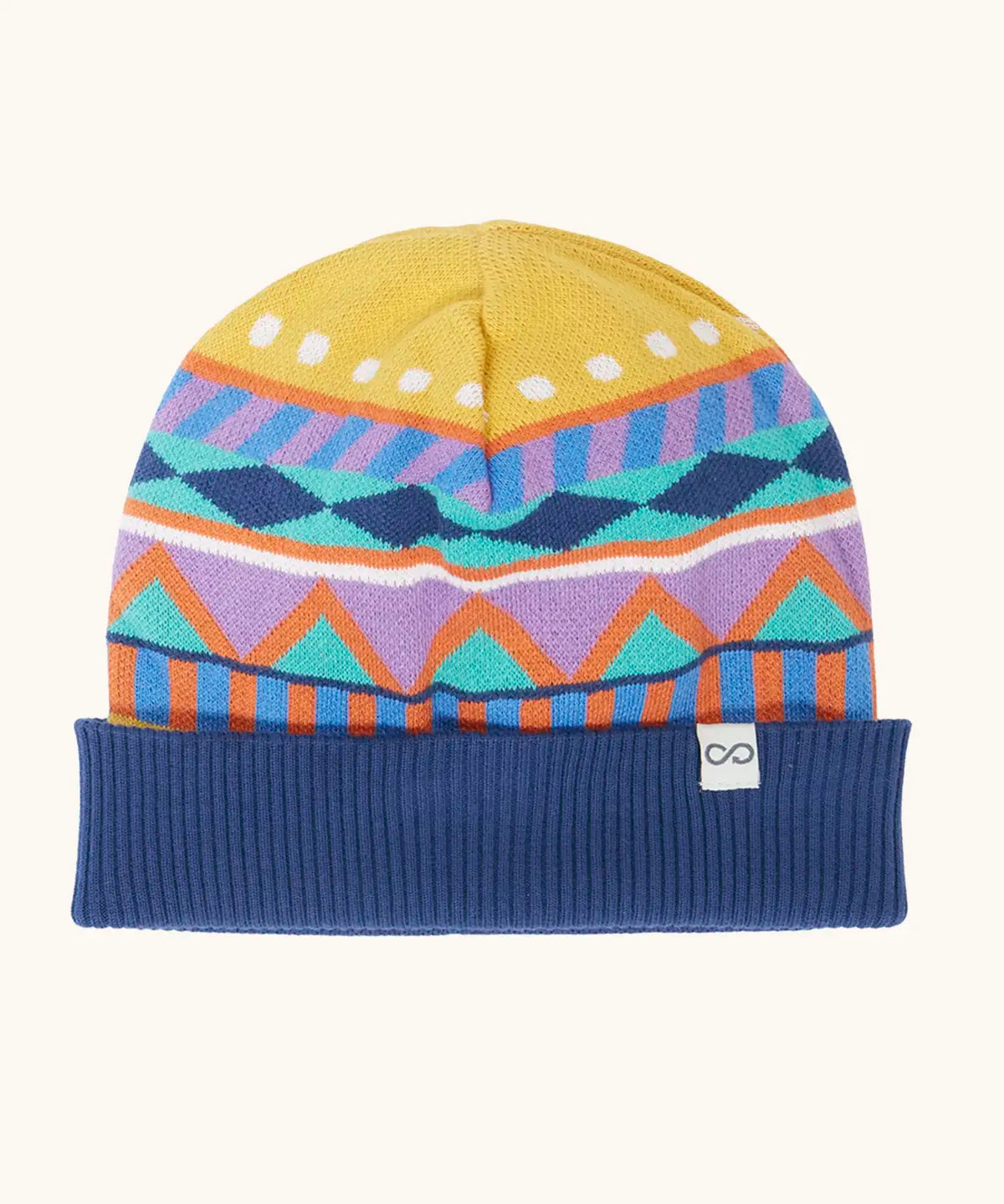 Frugi GOTS organic cotton voyager reversible hat showing the winter fairisle design