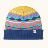 Frugi GOTS organic cotton voyager reversible hat showing the winter fairisle design