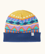 Frugi GOTS organic cotton voyager reversible hat showing the winter fairisle design
