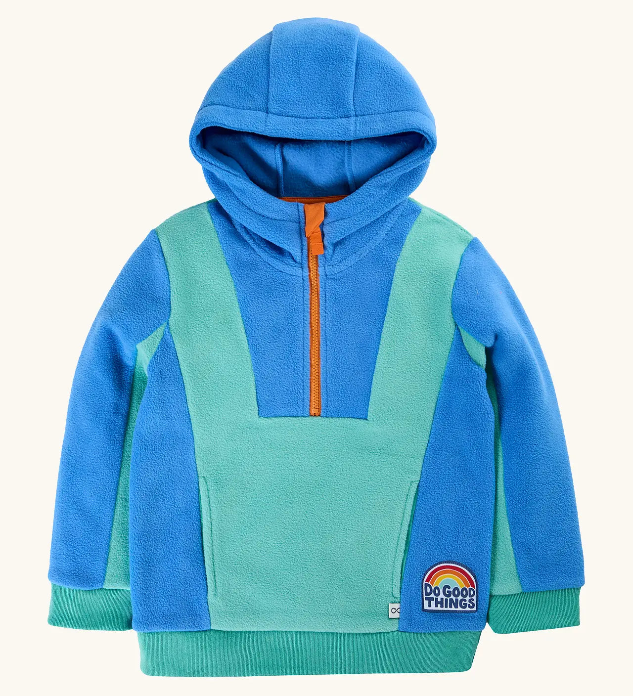 Frugi Wander Fleece Hoodie in moss teal and cobalt blue colourblock design with orange zip and 'do goof things' badge.