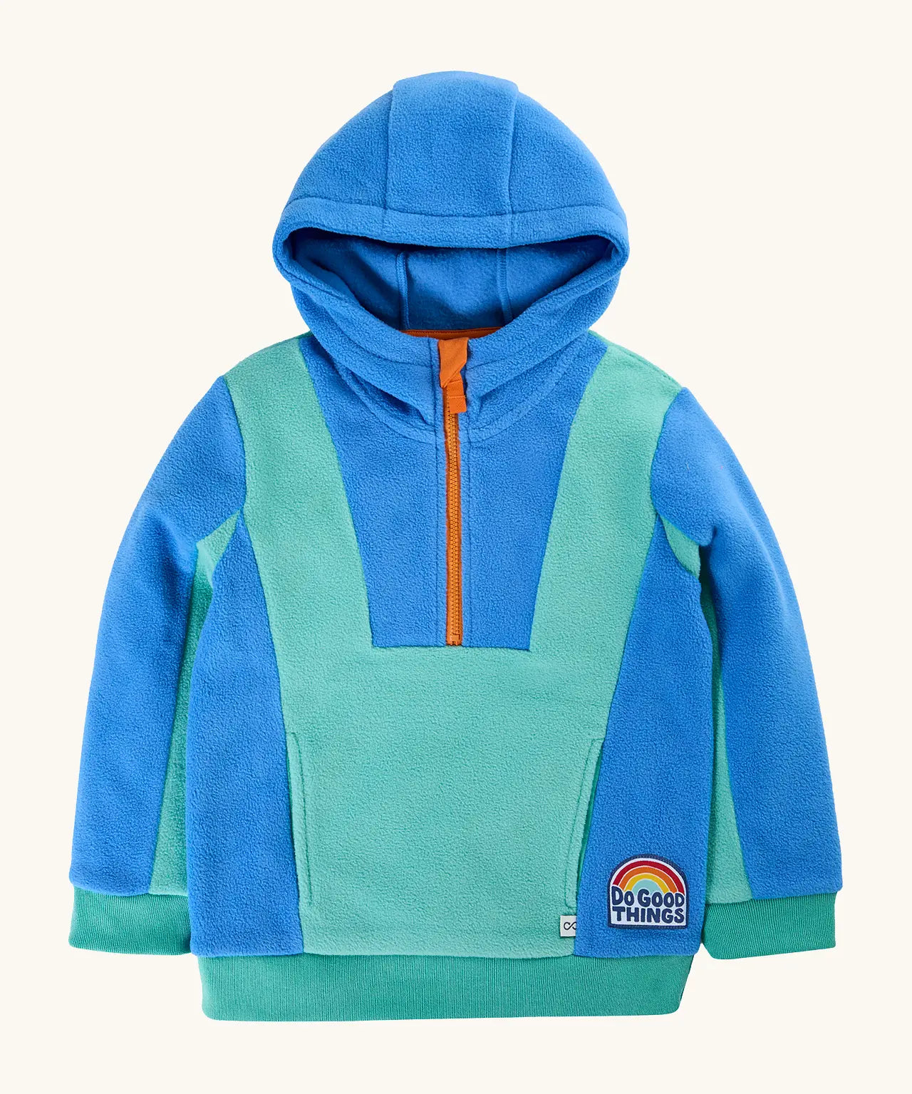 Frugi Wander Fleece Hoodie in moss teal and cobalt blue colourblock design with orange zip and 'do goof things' badge.