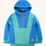 Frugi Wander Fleece Hoodie in moss teal and cobalt blue colourblock design with orange zip and 'do goof things' badge.