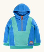 Frugi Wander Fleece Hoodie in moss teal and cobalt blue colourblock design with orange zip and 'do goof things' badge.