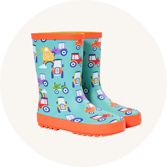 Frugi Puddle Buster Wellington Boots in light blue Terrific Tractor all over print to represent Frugi shoes at Babipur.