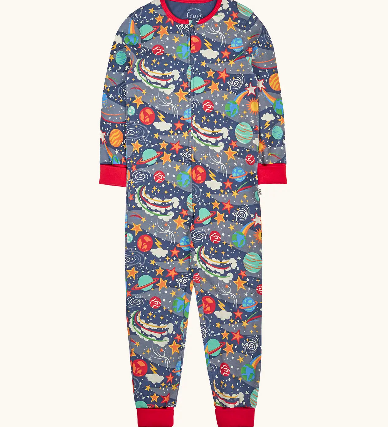 Frugi GOTS 100% organic cotton navy onesie with red trim and a repeating colourful outer space with a full front zip