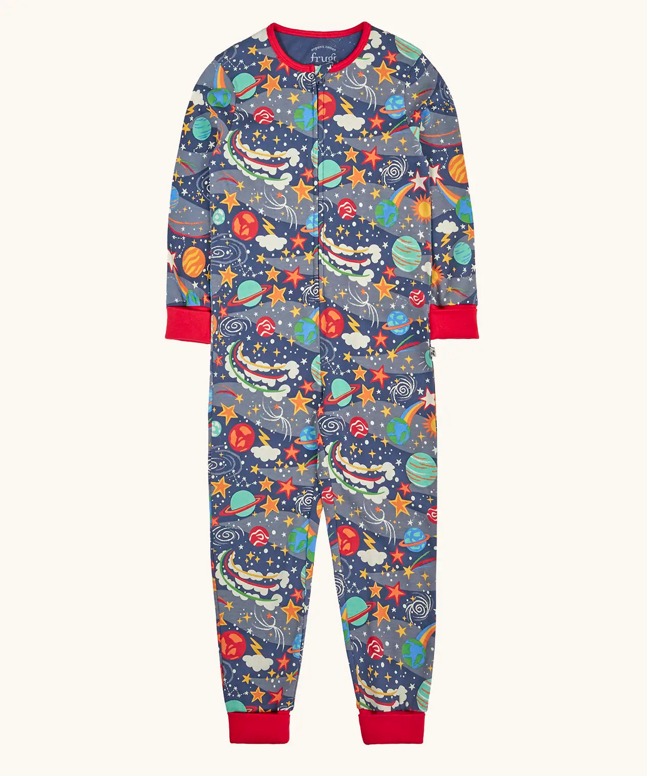Frugi GOTS 100% organic cotton navy onesie with red trim and a repeating colourful outer space with a full front zip