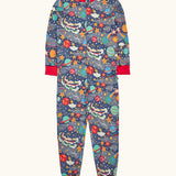 Frugi GOTS 100% organic cotton navy onesie with red trim and a repeating colourful outer space with a full front zip