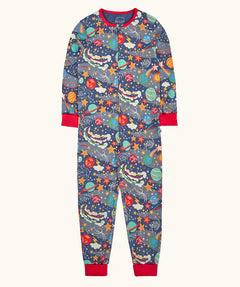 Frugi GOTS 100% organic cotton navy onesie with red trim and a repeating colourful outer space with a full front zip