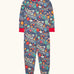 Frugi GOTS 100% organic cotton navy onesie with red trim and a repeating colourful outer space with a full front zip