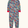 Frugi GOTS 100% organic cotton navy onesie with red trim and a repeating colourful outer space with a full front zip