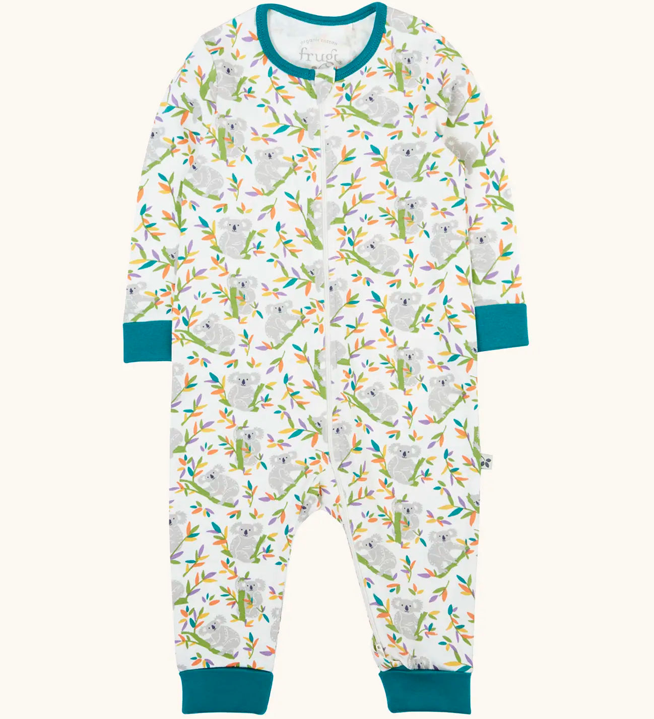 Frugi GOTS 100% organic cotton onesie in white with repeating koala prints, teal cuffs and neck trim and zip-front fastening for easy dressing