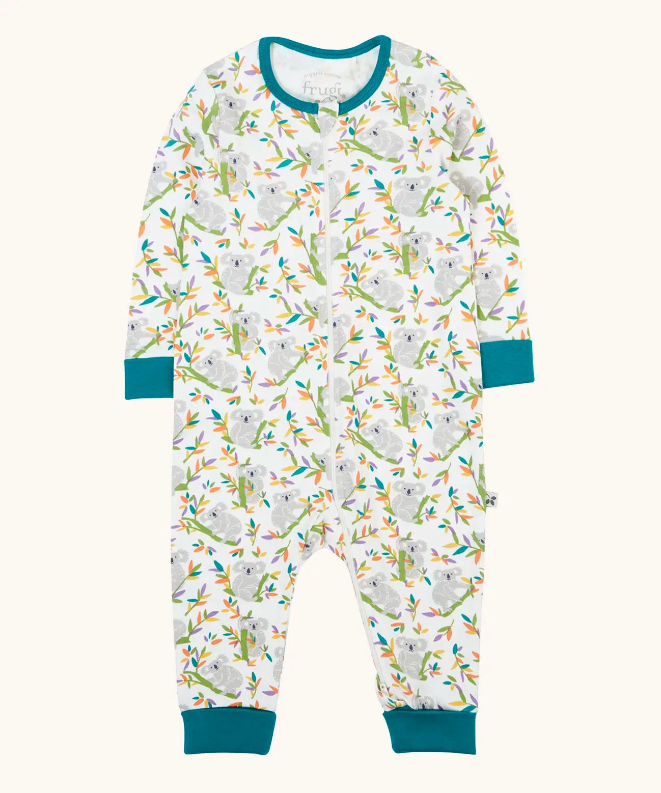 Frugi GOTS 100% organic cotton onesie in white with repeating koala prints, teal cuffs and neck trim and zip-front fastening for easy dressing