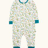 Frugi GOTS 100% organic cotton onesie in white with repeating koala prints, teal cuffs and neck trim and zip-front fastening for easy dressing