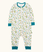 Frugi GOTS 100% organic cotton onesie in white with repeating koala prints, teal cuffs and neck trim and zip-front fastening for easy dressing