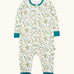 Frugi GOTS 100% organic cotton onesie in white with repeating koala prints, teal cuffs and neck trim and zip-front fastening for easy dressing