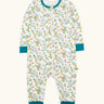Frugi GOTS 100% organic cotton onesie in white with repeating koala prints, teal cuffs and neck trim and zip-front fastening for easy dressing