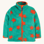 Frugi Zipped Ted Fleece Jacket - Bonfire Stars. A green coloured zip up fleece, with orange stars and orange piping