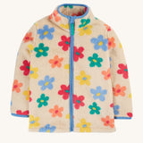 Frugi Zipped Ted Fleece Jacket - Flower Pop. A lovely cream fleece jacket, with light blue piping and colourful flower print