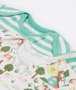 Frugi green and white striped body 2 pack farm design neck detail