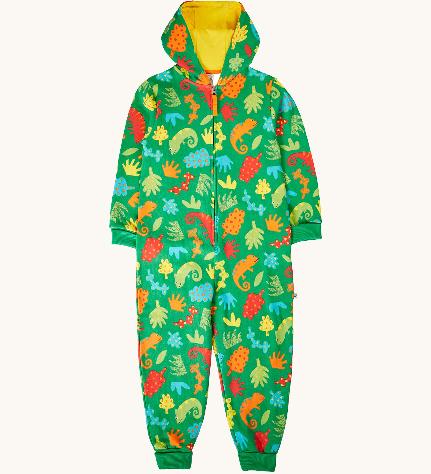 Frugi organic cotton hooded snuggle suit laid flat. In bright green with a repeating chameleon and leaves print and a zip form the neck line down to the waist.