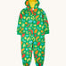 Frugi organic cotton hooded snuggle suit laid flat. In bright green with a repeating chameleon and leaves print and a zip form the neck line down to the waist.