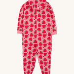 Frugi pink big snuggle suit strawberry pals back detail on a cream background.