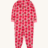 Frugi pink big snuggle suit strawberry pals back detail on a cream background.