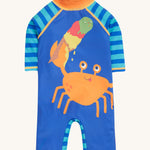 Frugi blue and orange little sun safe suit  crab design on a cream background.