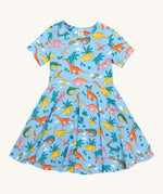 Frugi blue skater dress dinoland design on a cream background.
