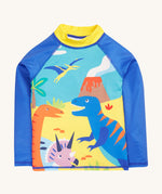 Frugi blue and yellow rash vest dino design on a cream background.