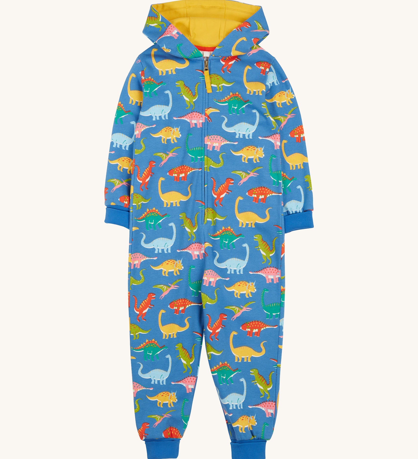 Frugi blue snuggle suit dino roar design on a cream background