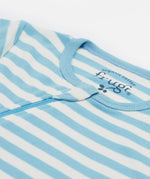 Frugi blue striped zip romper dino design zip and neck detail