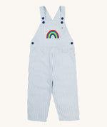Frugi blue stripe dungarees rainbow design on a cream background.