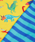 Frugi yellow, blue stripe sun safe dino roar print detail