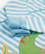 Frugi blue striped zip romper dino design arm cuff detail
